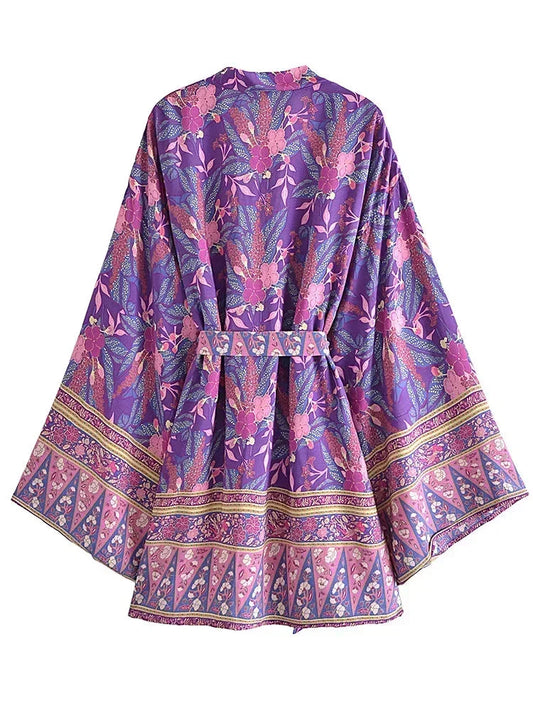 Purple Passion Floral Boho Short Kimono Dress