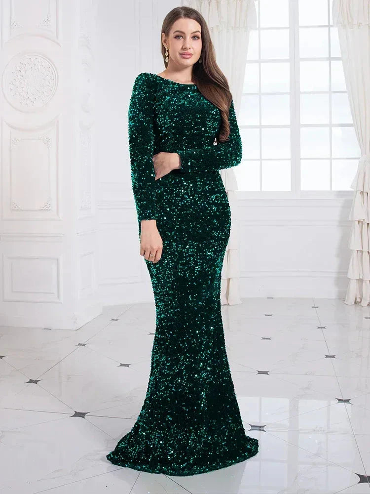 Kisscc Royal Blue Stretch Sequin Floor Length Evening Night Dress Full Sleeve Bodycon Black Mermaid Party Dress