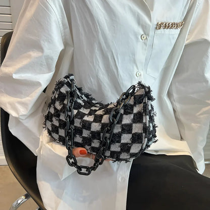 Vintage Women's Casual Shoulder & Underarm Bag | Plaid Pattern Denim Small Purse (Ladies Chain Leisure Handbag, Hobo Style)