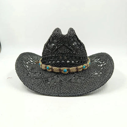 Hand-woven hollow denim straw hat men's and women's summer sunscreen hat western cowboy straw hat sombrero mujer sombrero hombre