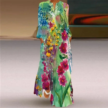 Women's Maxi Dress Printed Retro Fashion y2k vestidos Long Sleeve Loose Robe S-5XL