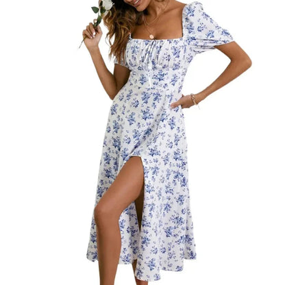 Sexy Backless New Women's Clothing Elegant Floral Dress Spring Summer Retro Puff Square Tie Tie Decorative Red Tie Chic Dress