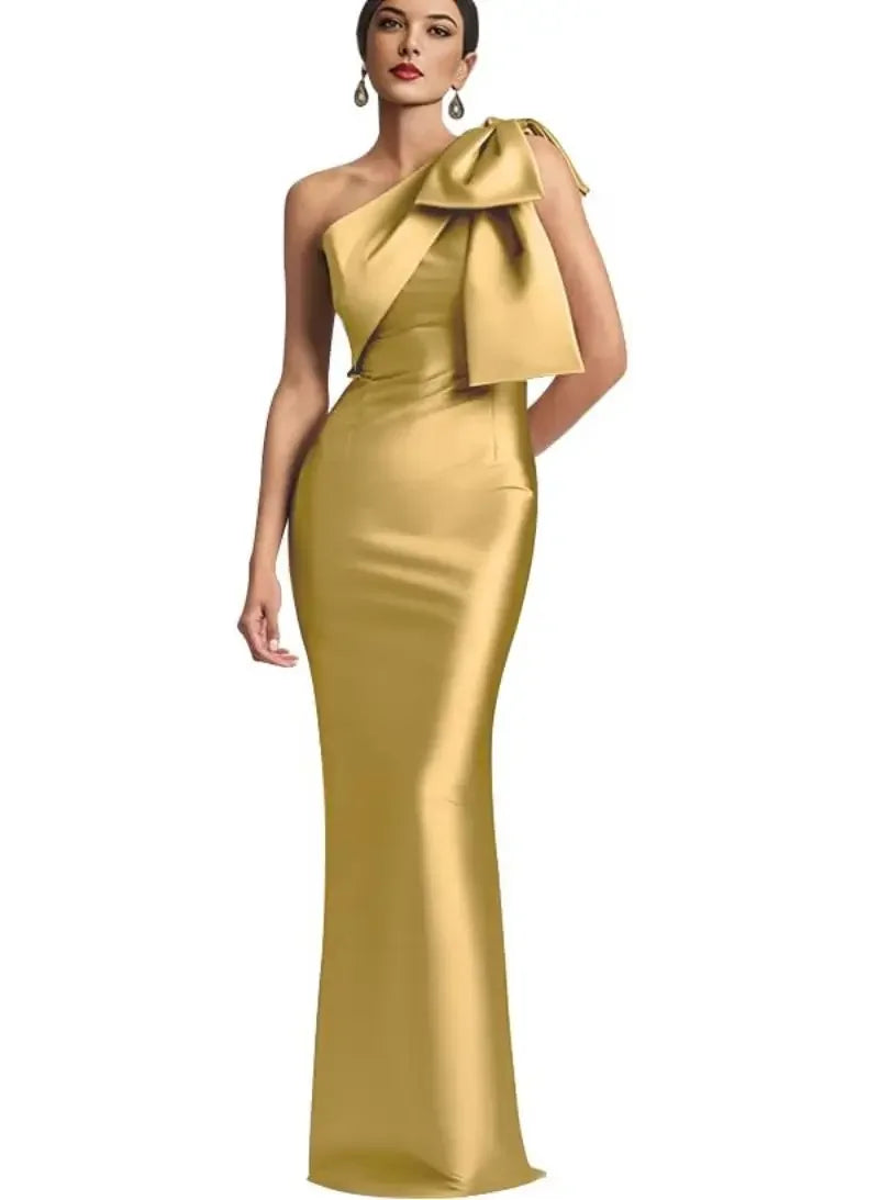 Satin Single Shoulder With Bow Bridal Formal Dress