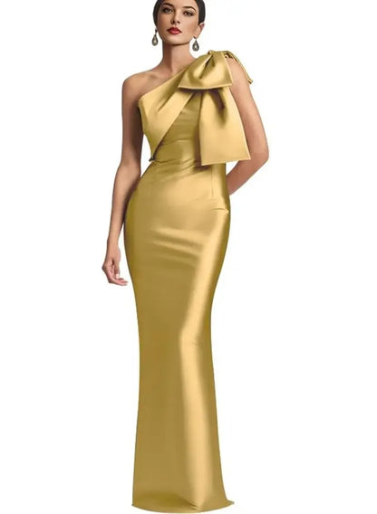 Satin Single Shoulder With Bow Bridal Formal Dress