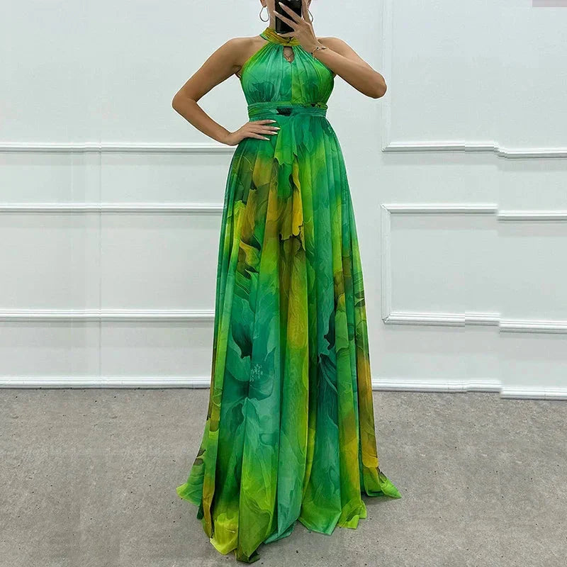 New Sexy Halter Hollow Out Women's Long Dress Casual High Waist Bohemian Dresses Vintage Pattern Printed Sleeveless Party Dress