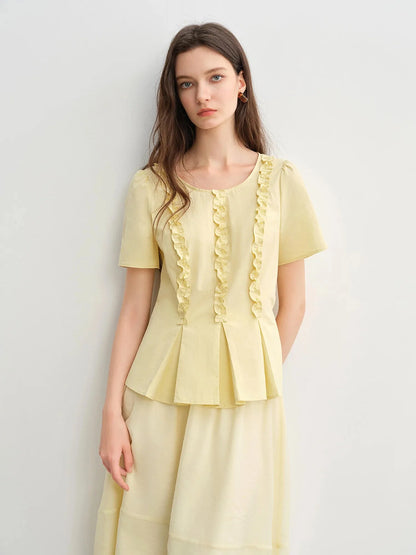 Plus Size Slimming Pleated Shirt Youthful Round Neck