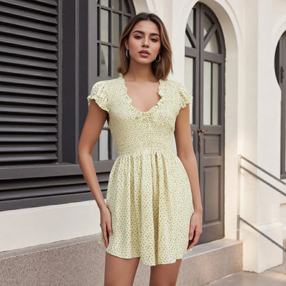 Summer Plaid Rompers Mini Dress for Women Fashion Short Sleeve Sexy Deep V Neck Smocked Waist Slim Plaid Playsuit Jumpsuits