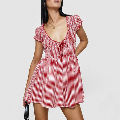 Summer Plaid Rompers Mini Dress for Women Fashion Short Sleeve Sexy Deep V Neck Smocked Waist Slim Plaid Playsuit Jumpsuits