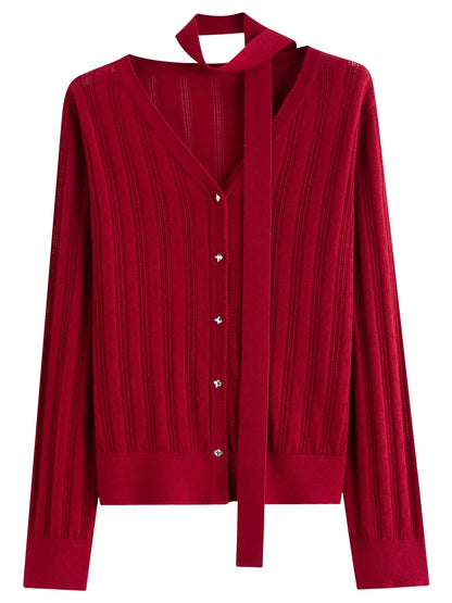 Detachable Bow & Lace Knit Cardigan