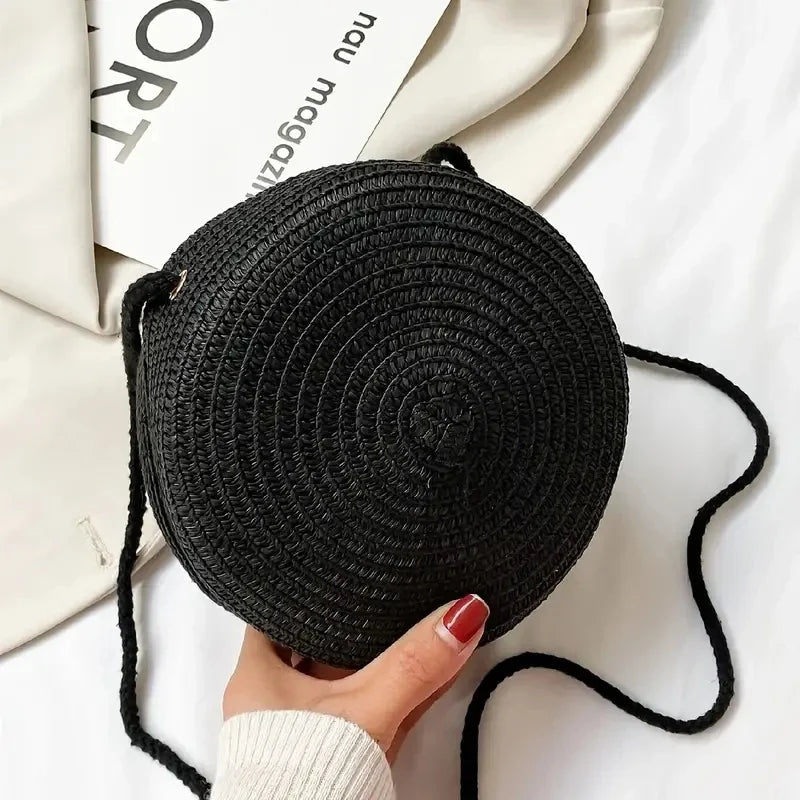 Summer Woven Straw Crossbody Bag for Women | Fashion Round Handmade Rattan Beach Small Handbag (Travel Female Shoulder Bag)