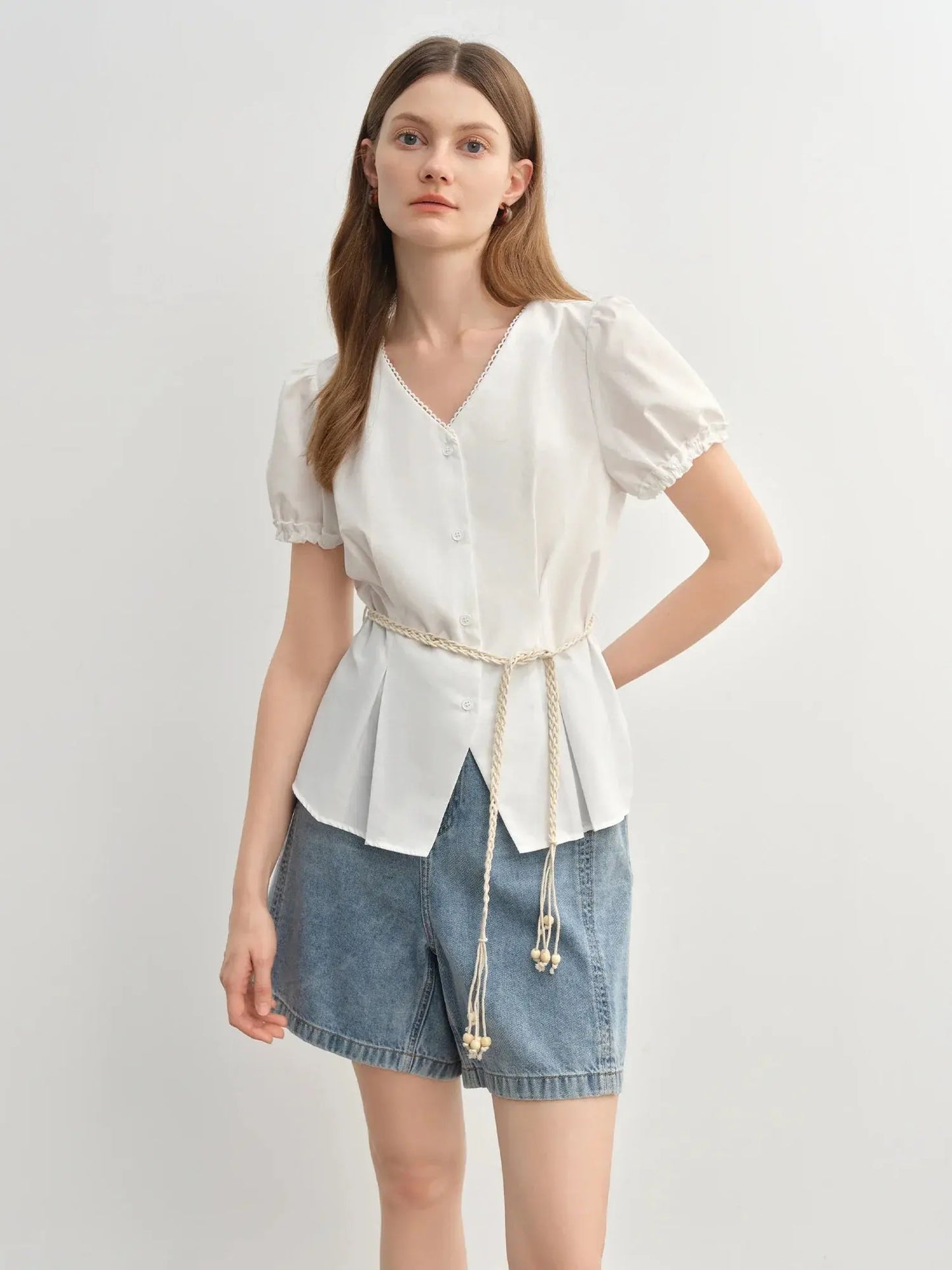 Summer V-Neck Top with Textured Pleats
