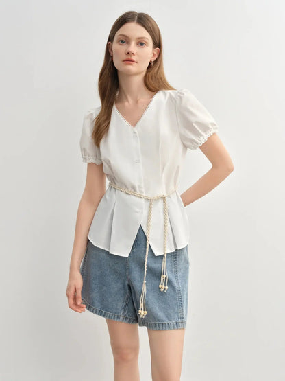 Summer V-Neck Top with Textured Pleats