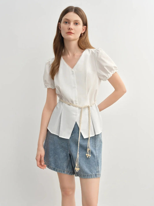 Summer V-Neck Top with Textured Pleats