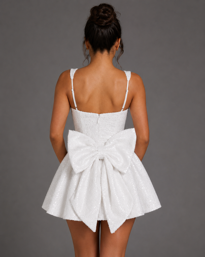 Sequin Tweed Carrie Mini Dress – Square Neck Structured A-Line Bridal Bow Dress