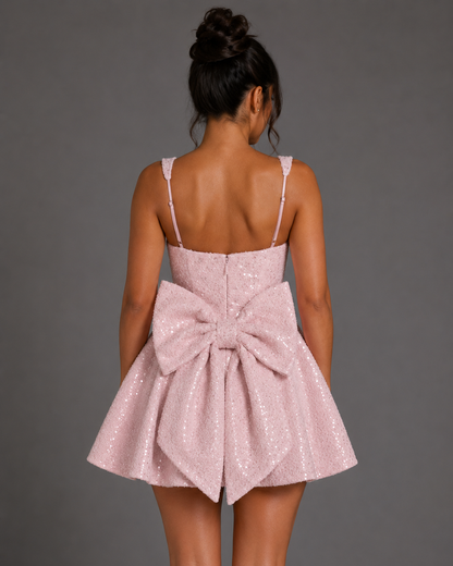 Sequin Tweed Carrie Mini Dress – Square Neck Structured A-Line Bridal Bow Dress