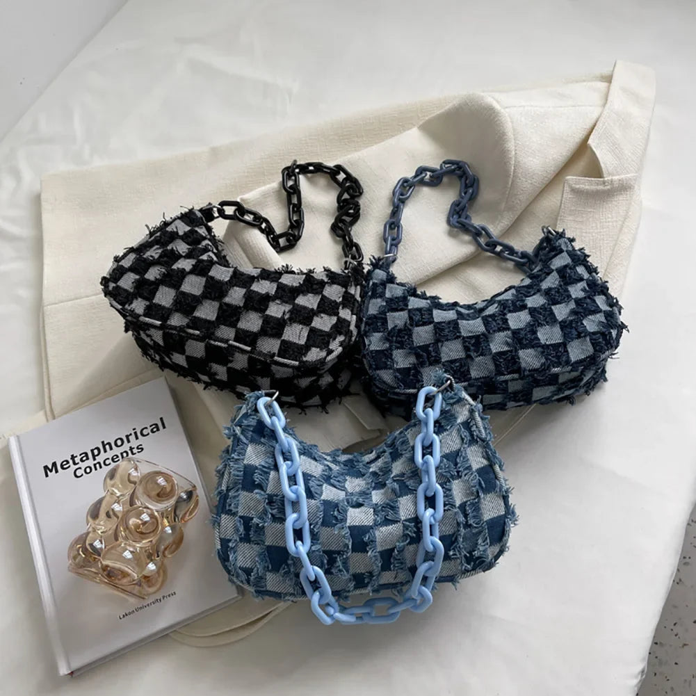 Vintage Women's Casual Shoulder & Underarm Bag | Plaid Pattern Denim Small Purse (Ladies Chain Leisure Handbag, Hobo Style)