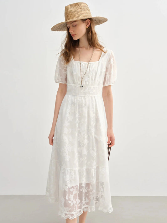 Plus Size White Burnout Dress Elegant Square Neck Summer