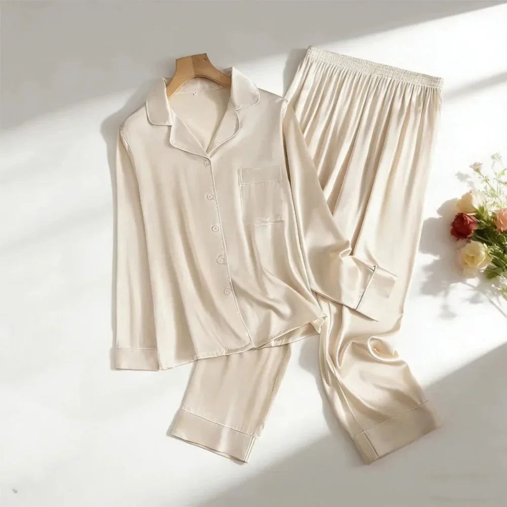 Mulberry Silk Pajama Set Plain Satin Long Pants