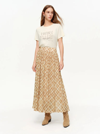 Brown Midi Skirt Retro Plaid Mesh