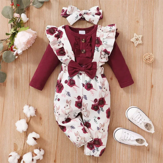 LUXBABY Gilfs 0-18 Months Red Long Sleeve Bodysuit + Flower Strap Pants 2PCS