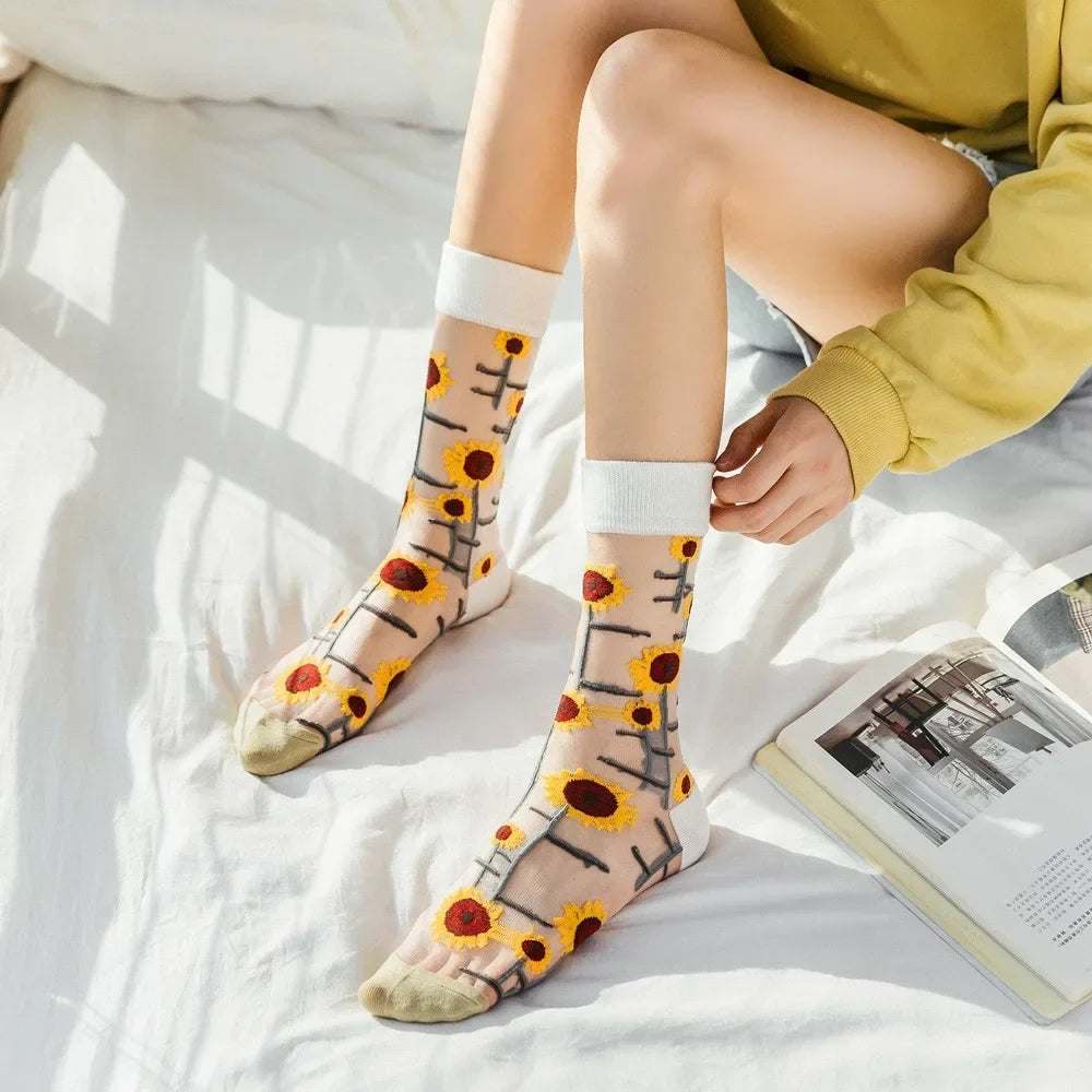 BotaniBabe Sheer Bloom Socks – Embroidered Crystal Silk Socks
