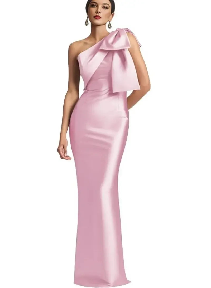 Satin Single Shoulder With Bow Bridal Formal Dress