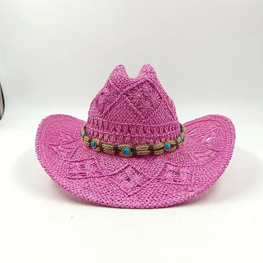 Hand-woven hollow denim straw hat men's and women's summer sunscreen hat western cowboy straw hat sombrero mujer sombrero hombre