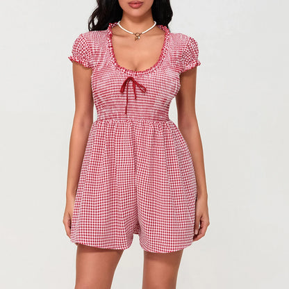 Summer Plaid Rompers Mini Dress for Women Fashion Short Sleeve Sexy Deep V Neck Smocked Waist Slim Plaid Playsuit Jumpsuits