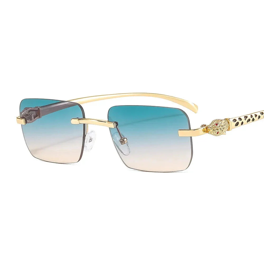 Vintage Fashion Rimless Small Square Sunglasses Women Men Luxury Brand Designer Travel Driving Metal Leopard Head Sun Glasses