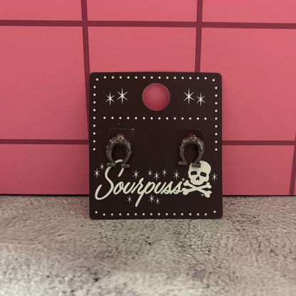 Sourpuss Earrings | Horseshoe Studs Black Gunmetal | Rockabilly Lucky Charm Jewelry