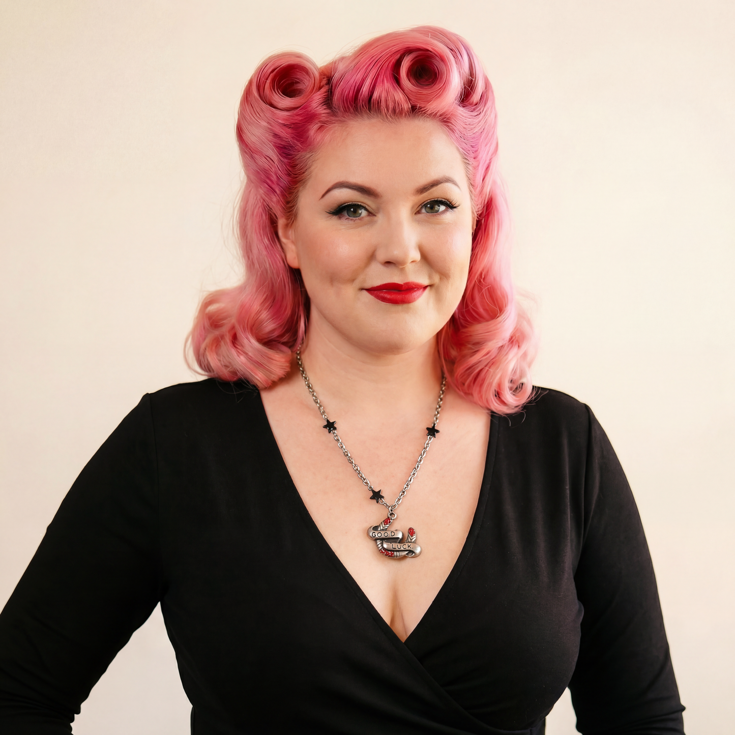 Sourpuss "Good Luck” Horseshoe Necklace with Red Rhinestones & Black Star Charms
