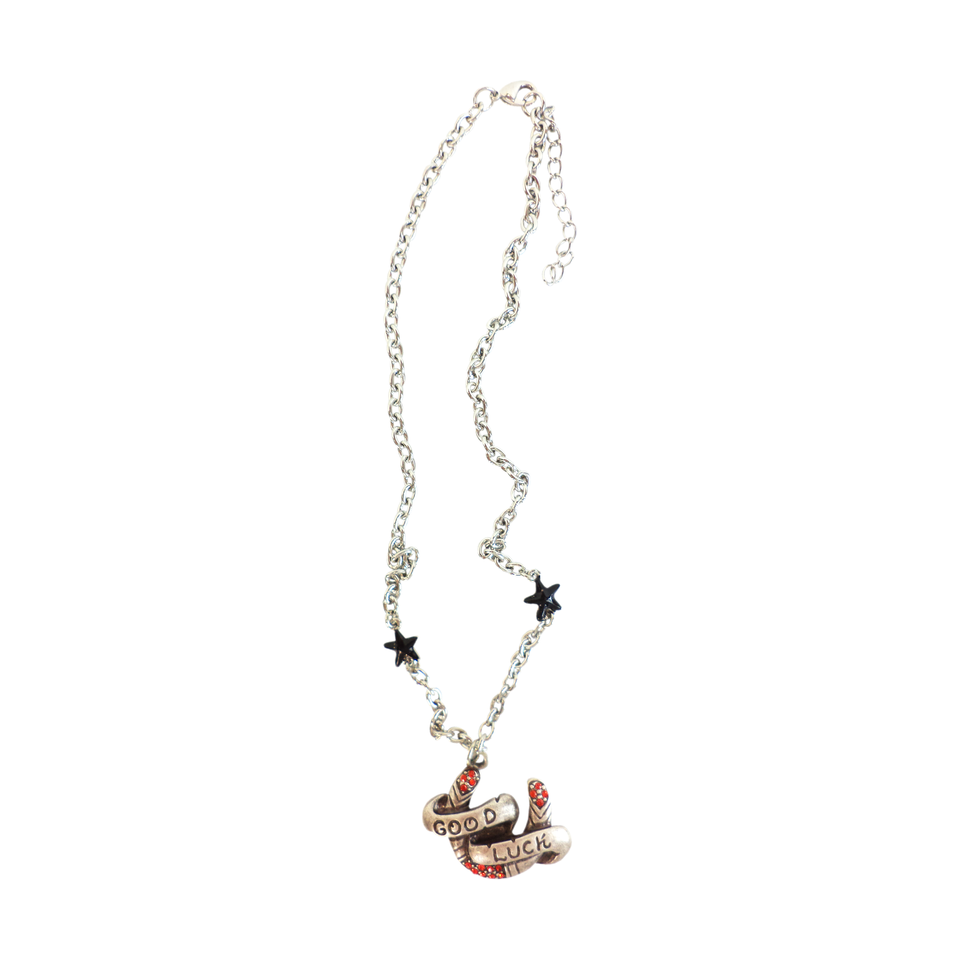 Sourpuss "Good Luck” Horseshoe Necklace with Red Rhinestones & Black Star Charms