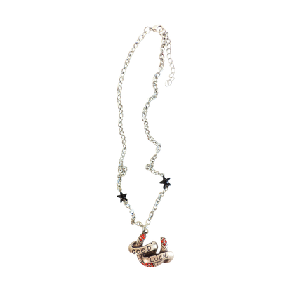 Sourpuss "Good Luck” Horseshoe Necklace with Red Rhinestones & Black Star Charms
