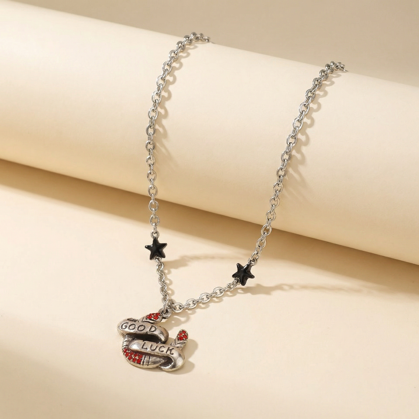 Sourpuss "Good Luck” Horseshoe Necklace with Red Rhinestones & Black Star Charms