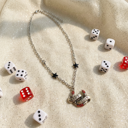 Sourpuss "Good Luck” Horseshoe Necklace with Red Rhinestones & Black Star Charms