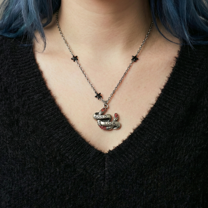 Sourpuss "Good Luck” Horseshoe Necklace with Red Rhinestones & Black Star Charms