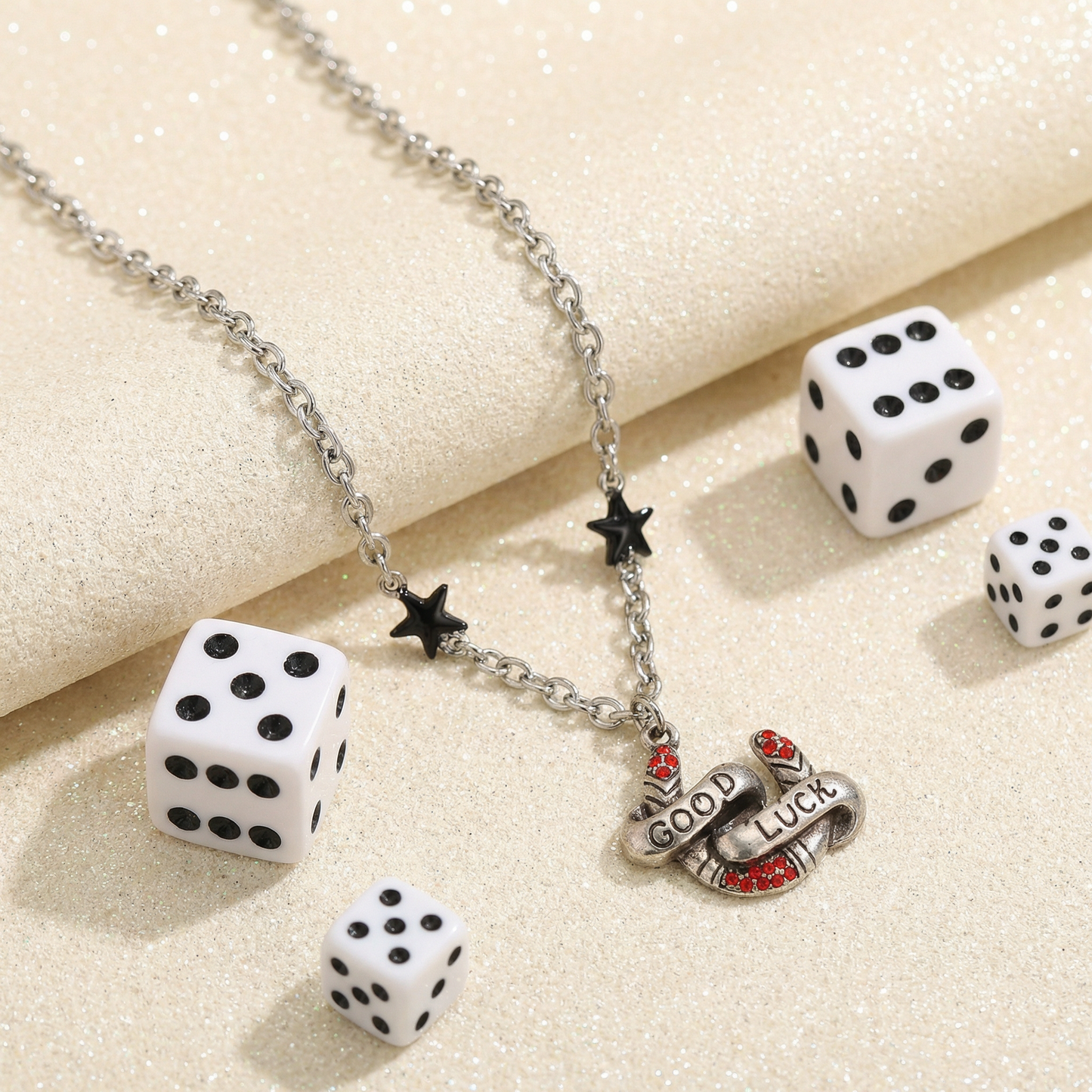 Sourpuss "Good Luck” Horseshoe Necklace with Red Rhinestones & Black Star Charms