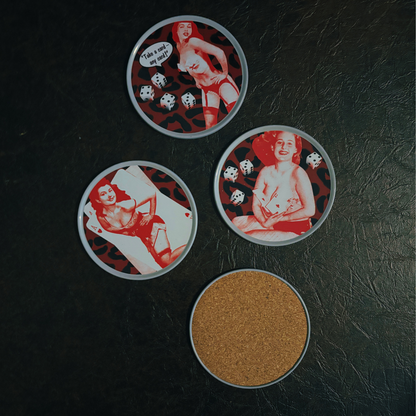 Sourpuss Nudie Coasters | Rockabilly Pin-Up Girls Set of Four | Metal & Cork Retro Drinkware with Storage Tin
