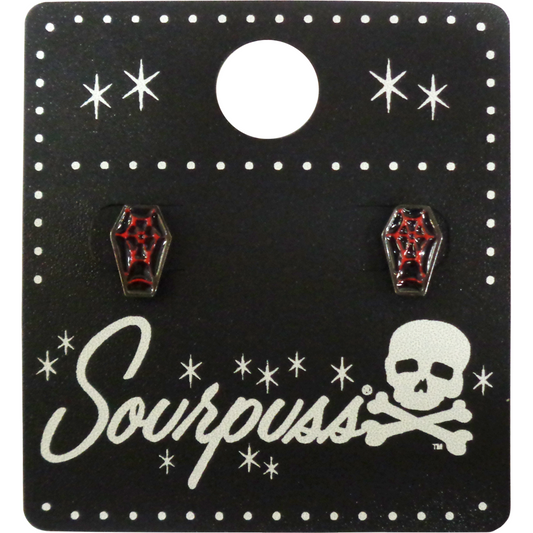 Sourpuss Red & Black Coffin Earrings | Gothic Studs Alternative Jewelry | Spooky Fashion Accessories