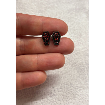 Sourpuss Red & Black Coffin Earrings | Gothic Studs Alternative Jewelry | Spooky Fashion Accessories