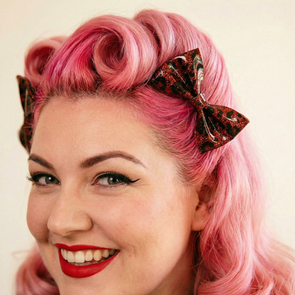 Sourpuss Red Leopard Glitter Hair Bows Set of 2 | Retro Rockabilly Pin-Up Hair Clips
