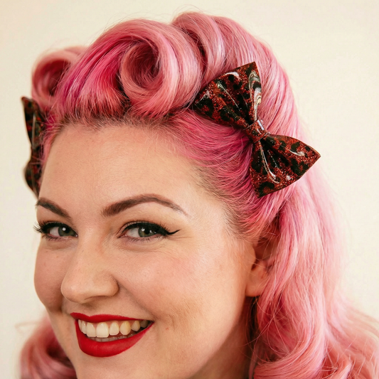 Sourpuss Red Leopard Glitter Hair Bows Set of 2 | Retro Rockabilly Pin-Up Hair Clips