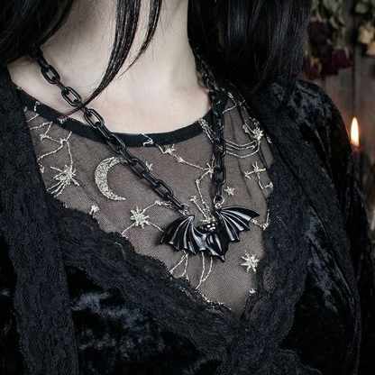 Sourpuss Smiling Vampire Bat Necklace | Chunky Chain Gothic Bat Pendant with Fang Grin