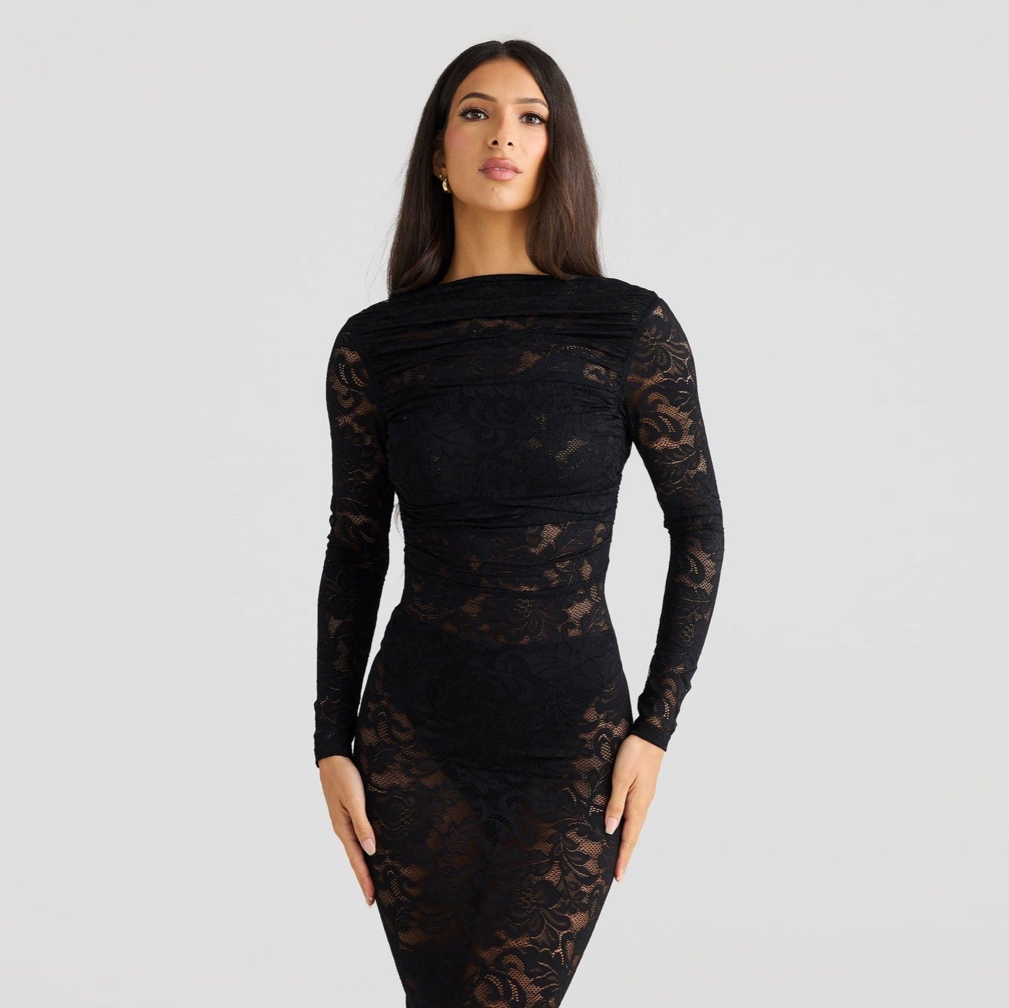 Stella Lace Backless Sculpting Ruched Black Maxi Dress