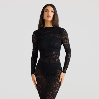 Stella Lace Backless Sculpting Ruched Black Maxi Dress