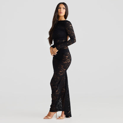 Stella Lace Backless Sculpting Ruched Black Maxi Dress