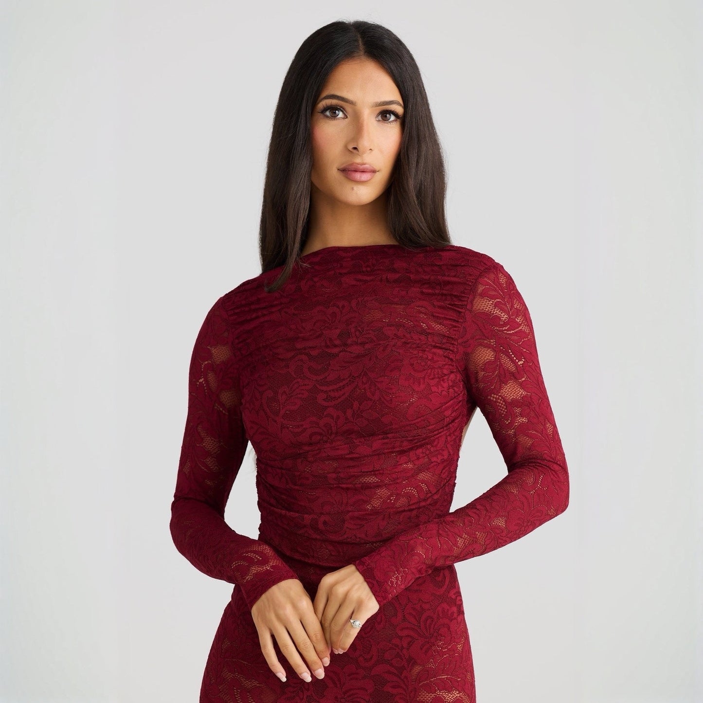 Stella Lace Backless Sculpting Ruched Burgundy Maxi Dress