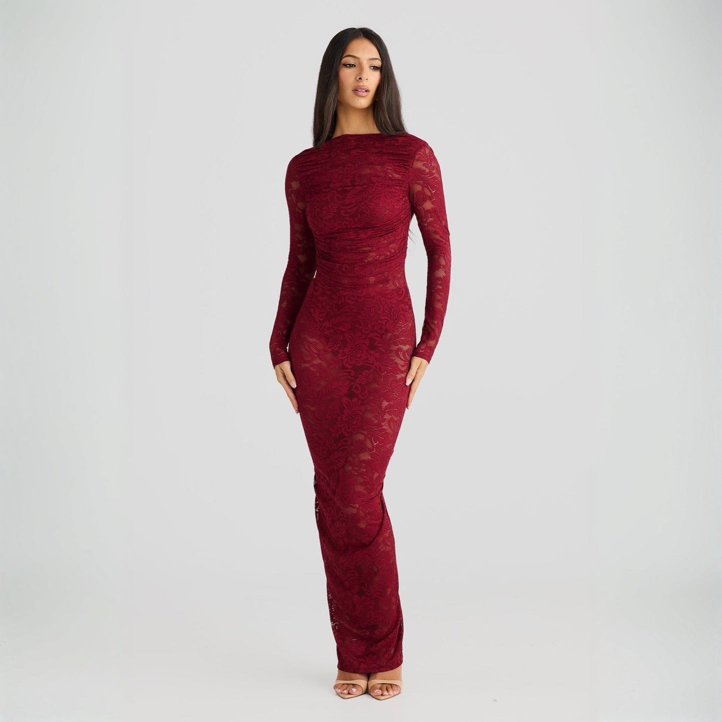 Stella Lace Backless Sculpting Ruched Burgundy Maxi Dress