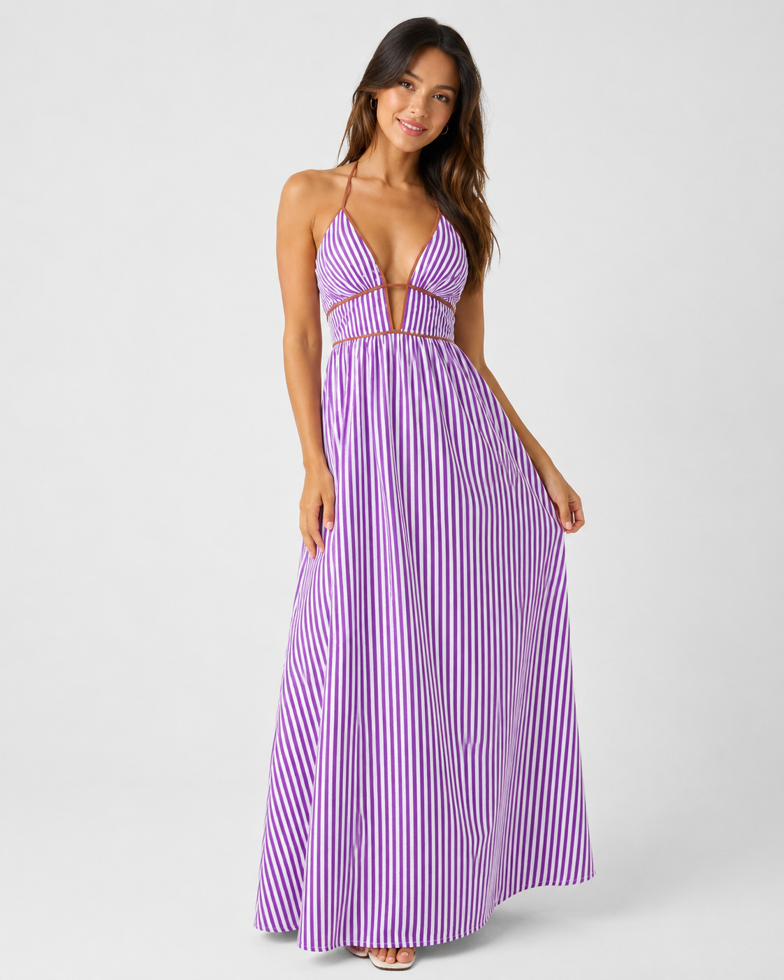 Striped Halter Maxi Dress - Deep V-Neck Backless Summer Vacation Beach Sundress