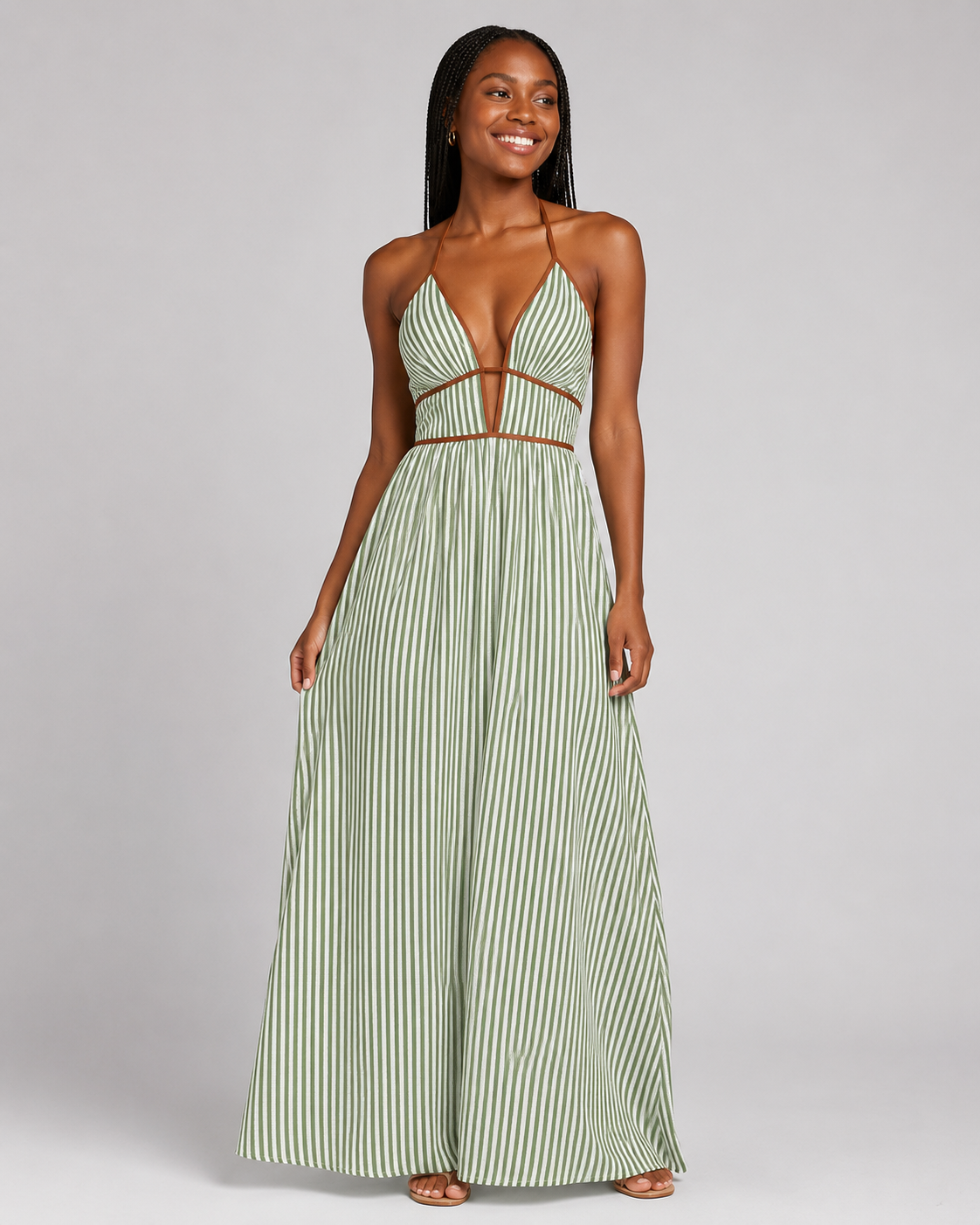 Striped Halter Maxi Dress - Deep V-Neck Backless Summer Vacation Beach Sundress